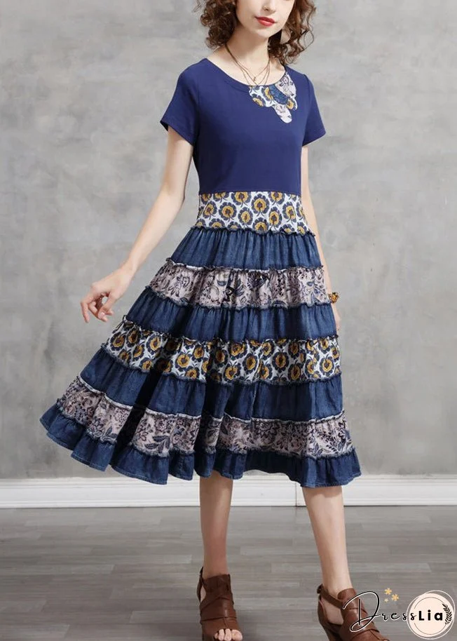 Women Blue O-Neck Patchwork Cotton Vacation Pleated Dresses Short Sleeve