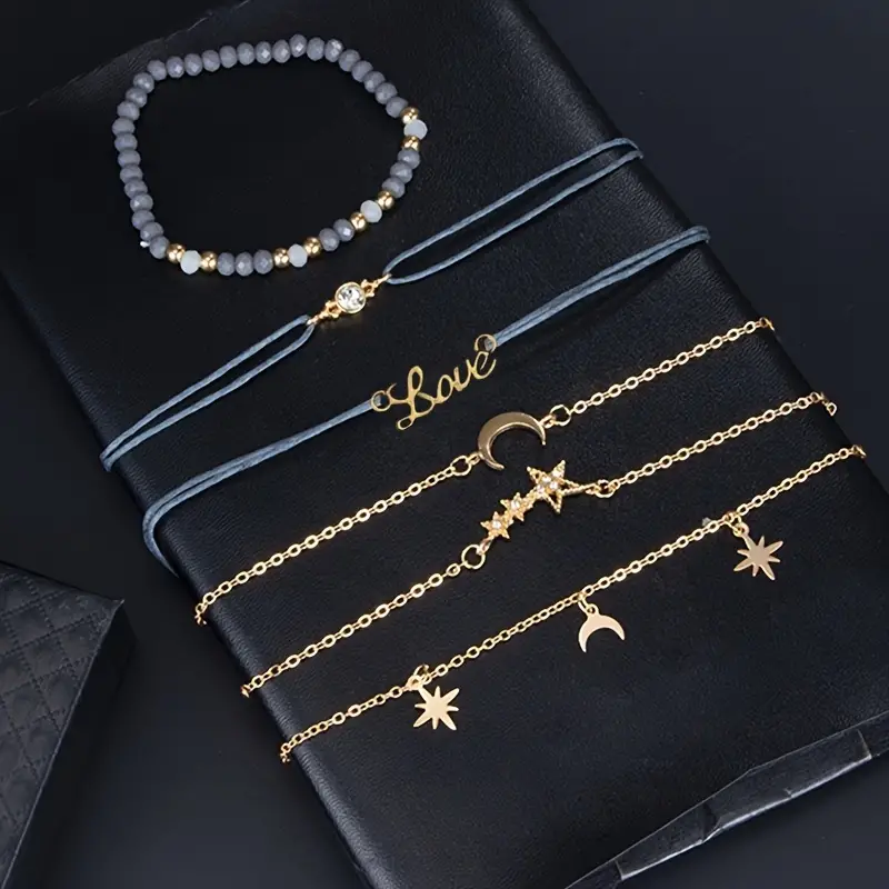 6pcs set boho rope bracelet for women golden moon hand star charm hand chain bracelet jewelry details 2