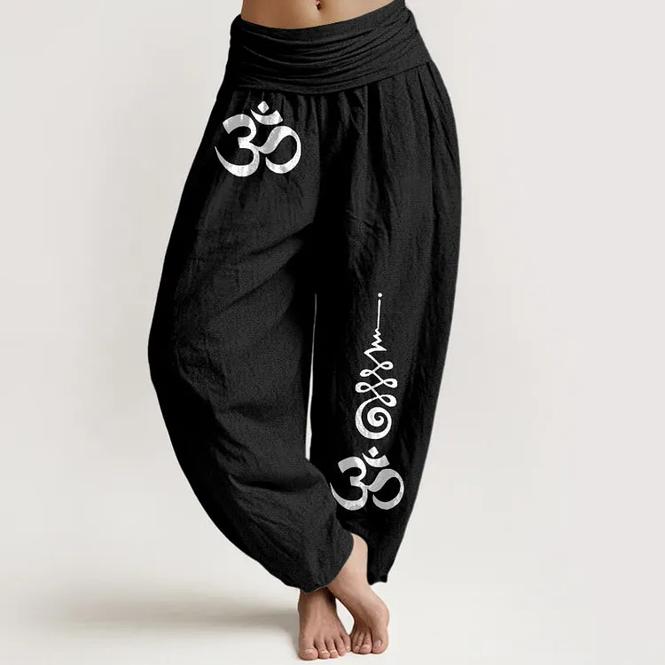 Cotton Calm OM Energy Lines Pattern Women's Elastic Waist Harem Pants