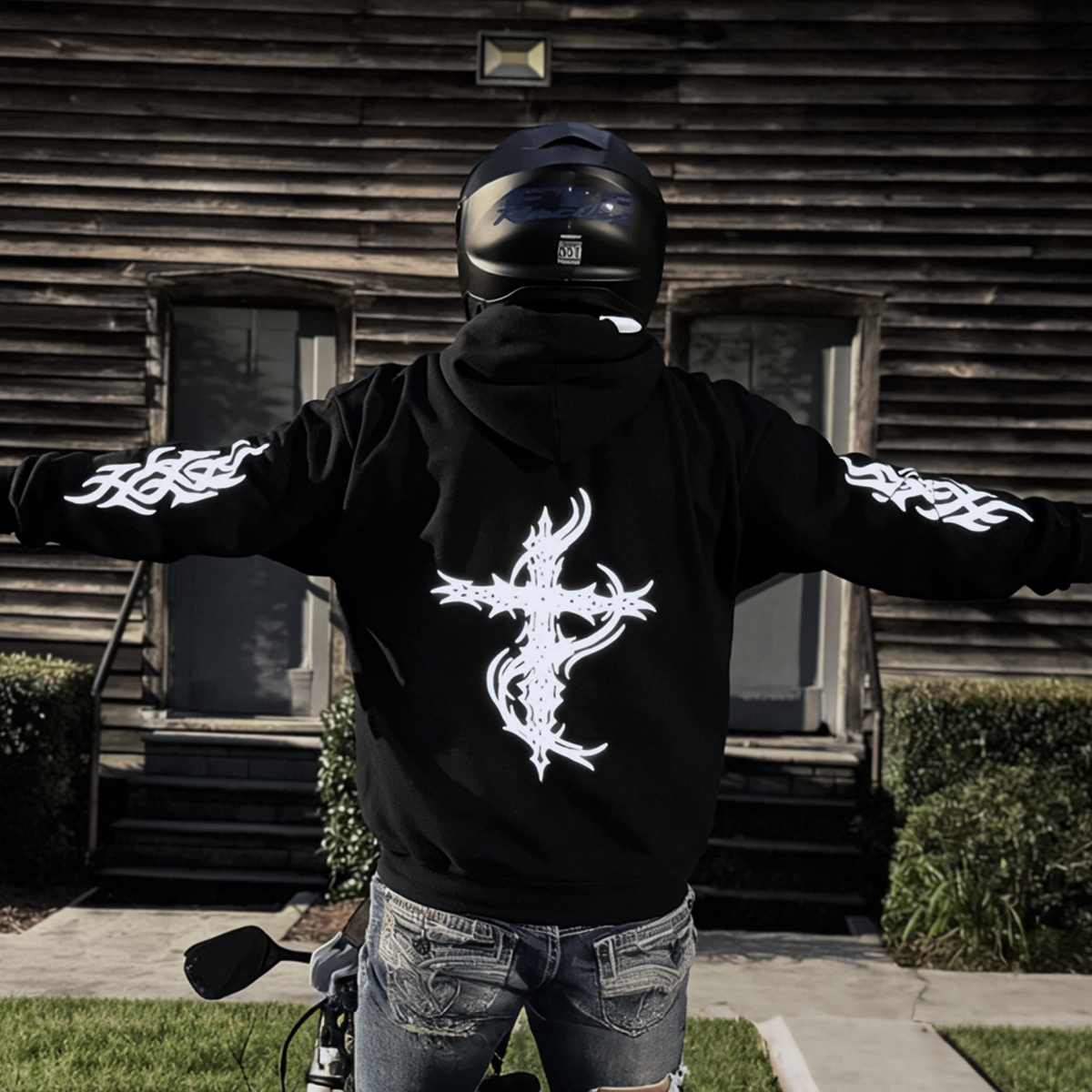 Reflective Hoodie With Tribal Cross Design And Sleeve Patterns