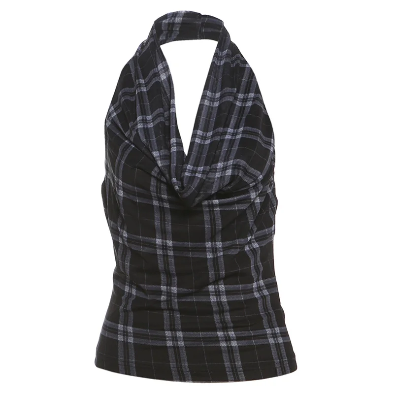 Uveng 2025 New Women's Fashion Simple Hanging Neck Design Lattice Sleeveless Small Vest