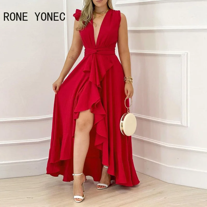 UForever21 Women Solid Chic Deep V Neck One Small Flying Sleeves Silt Backless Maxi Bodycon  Party Red Dress