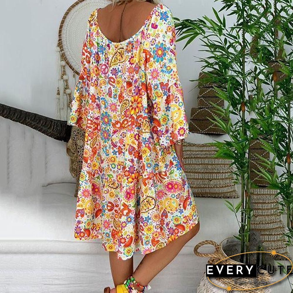 Short Sleeve Printed V Neck Loose Dress