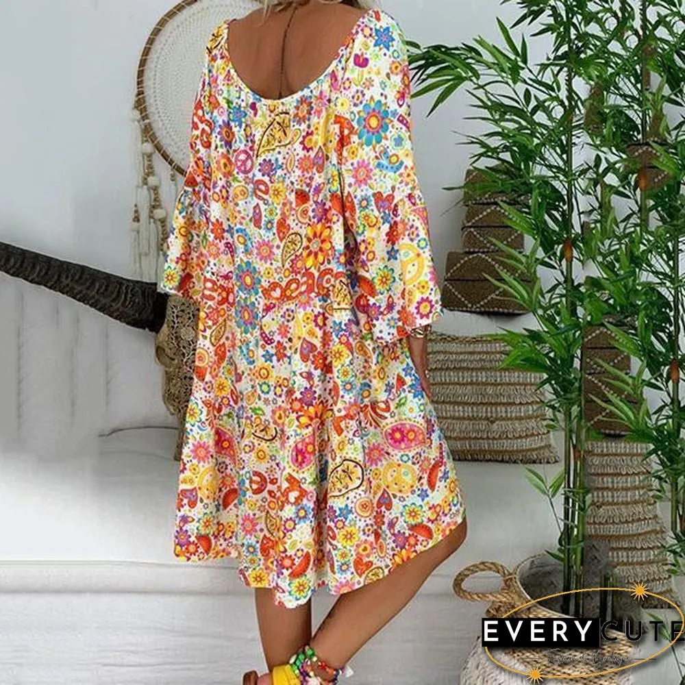 Short Sleeve Printed V Neck Loose Dress