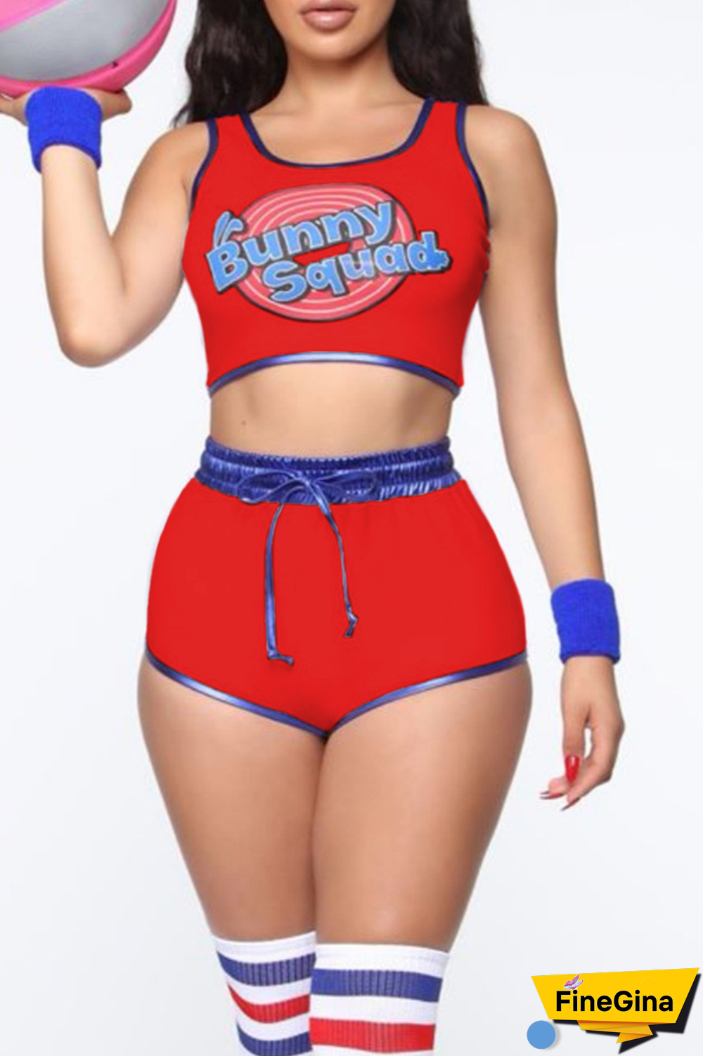 White Party Print Patchwork U Neck Sleeveless Two Pieces