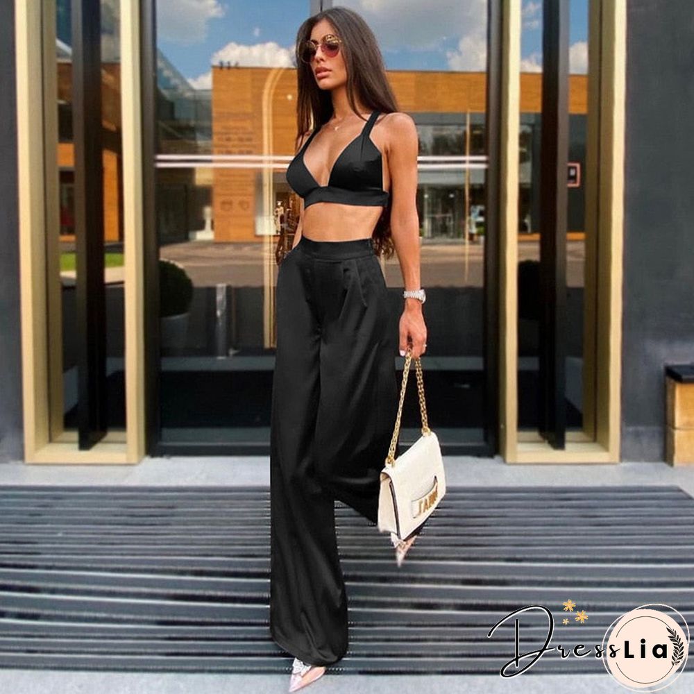 Silky Satin Camis Crop Top And Pants 2 Piece Set For Women Matching Sets Outfits Sexy High Waist Pants Streetwear