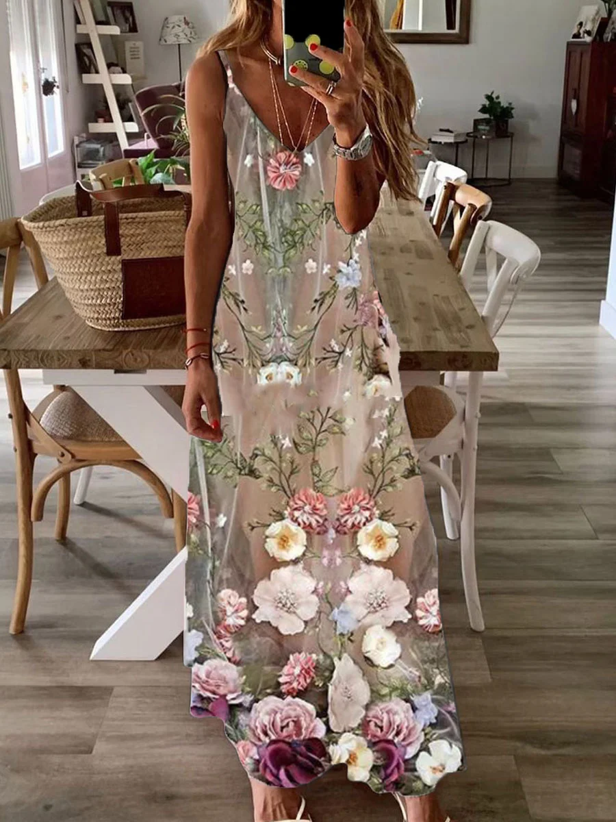 Casual Floral Print V-Neck Sleeveless Maxi Dress