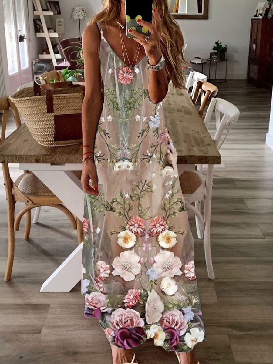 Casual Floral Print V-Neck Sleeveless Maxi Dress