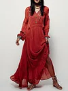 Solid Color Ethnic Style Embroidered Long Sleeves Maxi Dresses