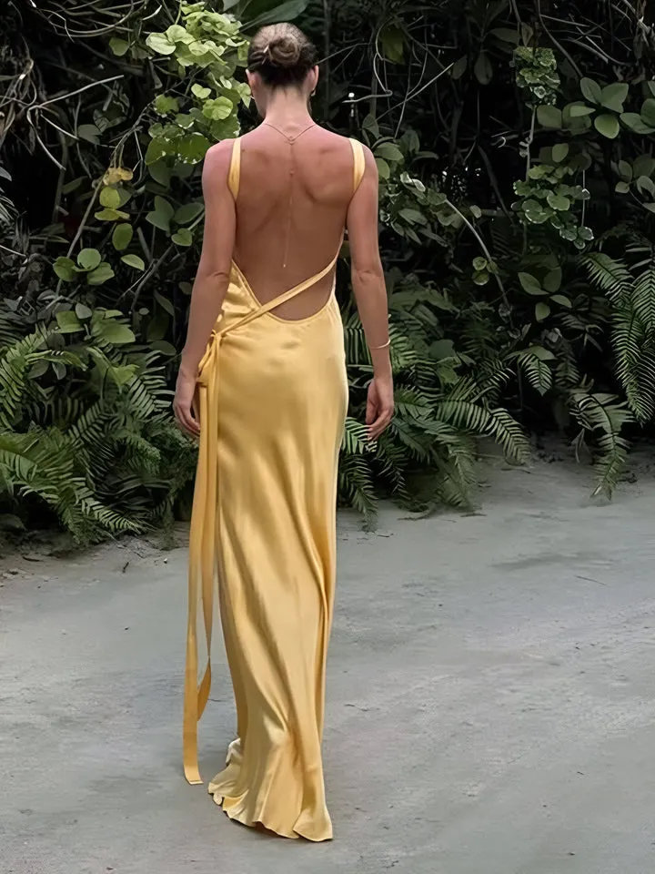 long satin backless dress Yellow