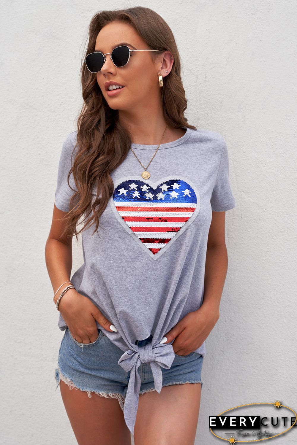 Mommy Patriotic Flag Sequin Heart Applique Knot Top