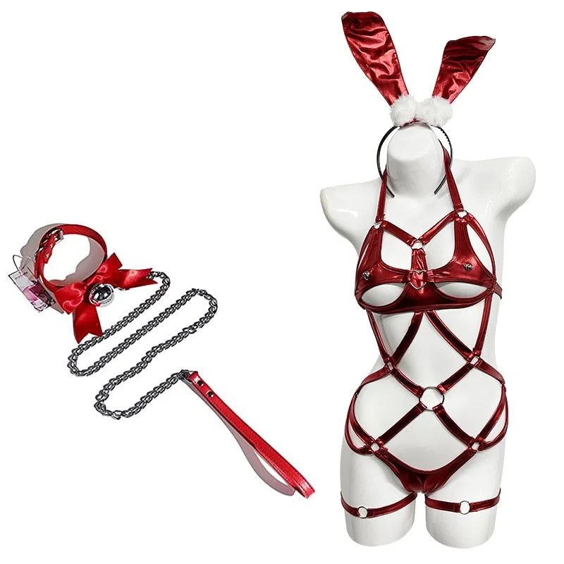 Women Bunny Cosplay Costumes Hollow Out Full Body Harness Leather Lingerie Halter Neck Bondage Body Cage Erotic Bodysuit 2021NEW