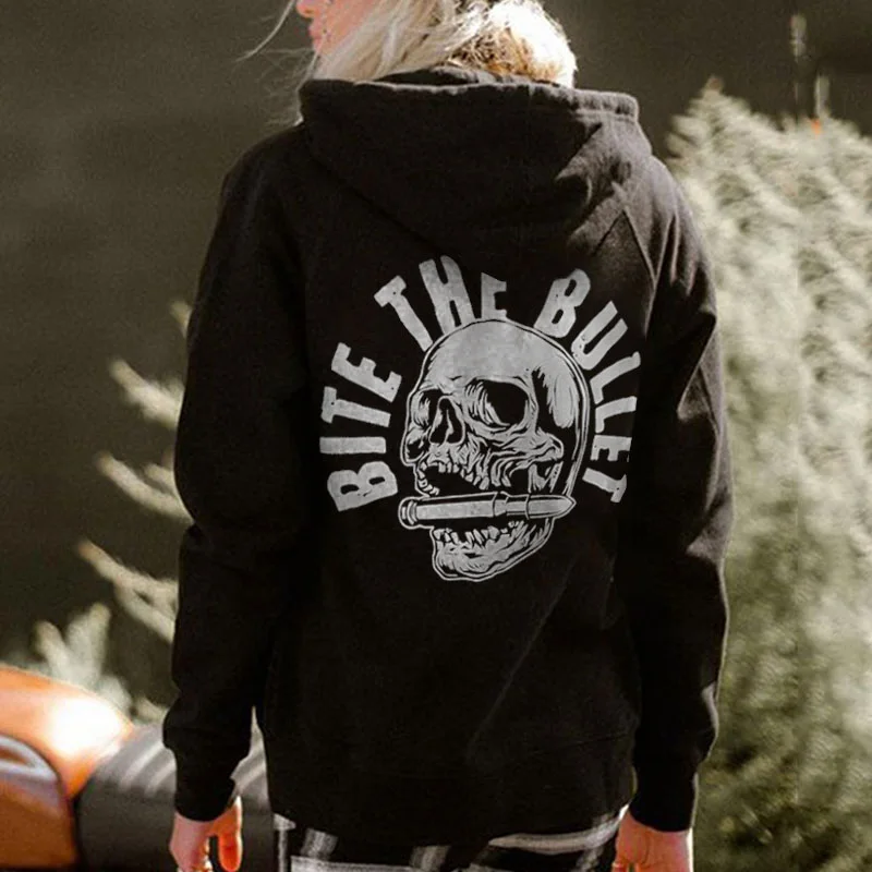 BITE THE BULLET Designed Skull Letter  Black Print Hoodie