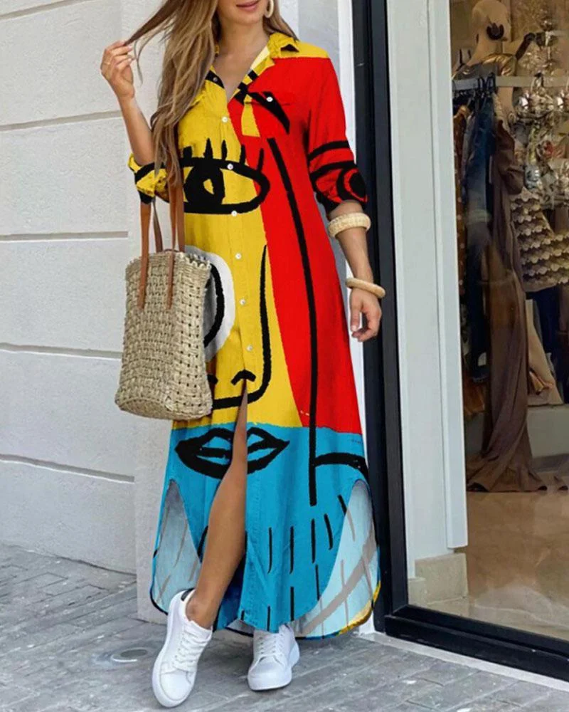 Positioning Print Long Dress