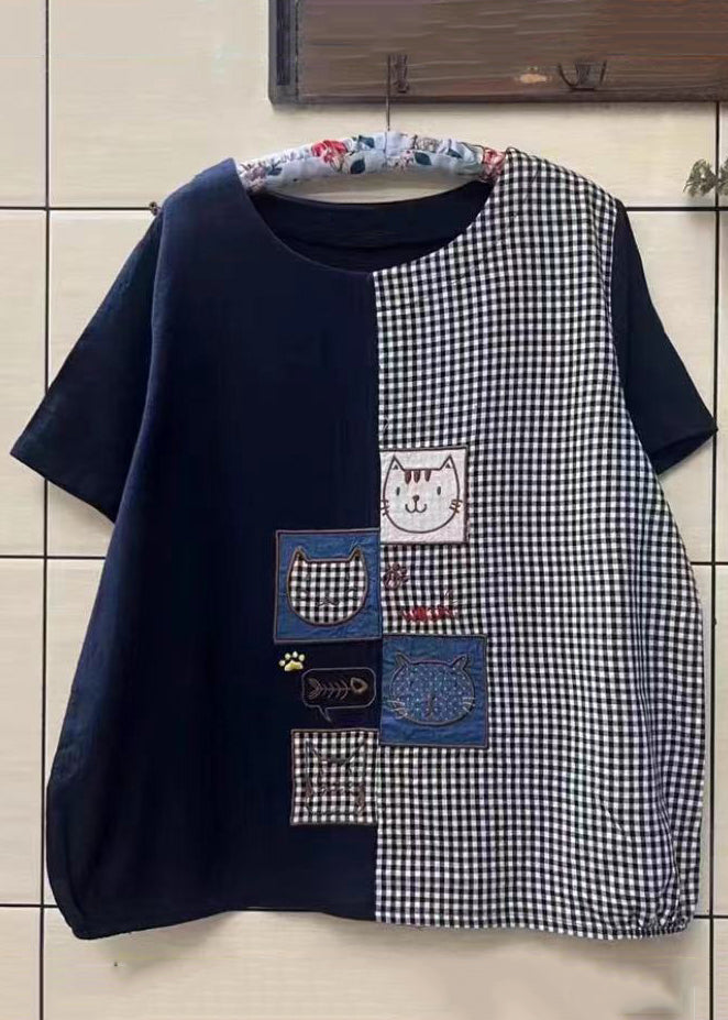 VCSHOES Navy Asymmetrical Plaid Patchwork Cotton Top Short Sleeve