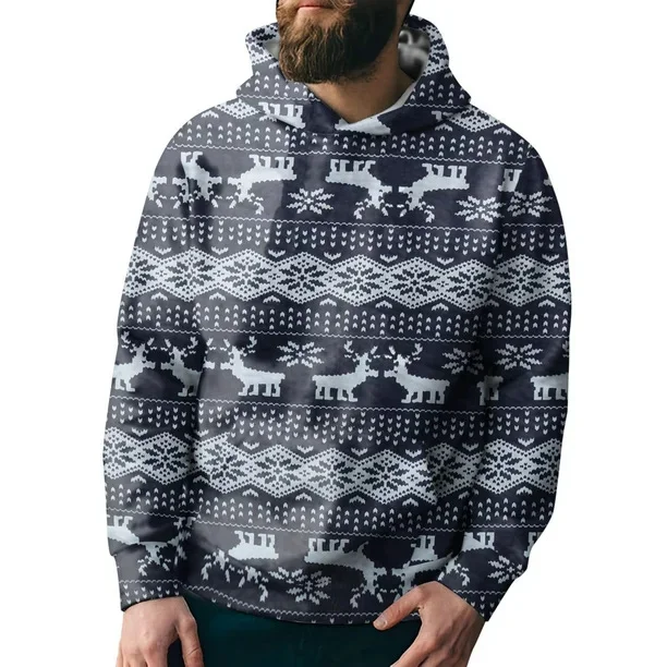 Men's Casual Sports Christmas Reindeer Series 3D Digital Printed Hooded Pullover