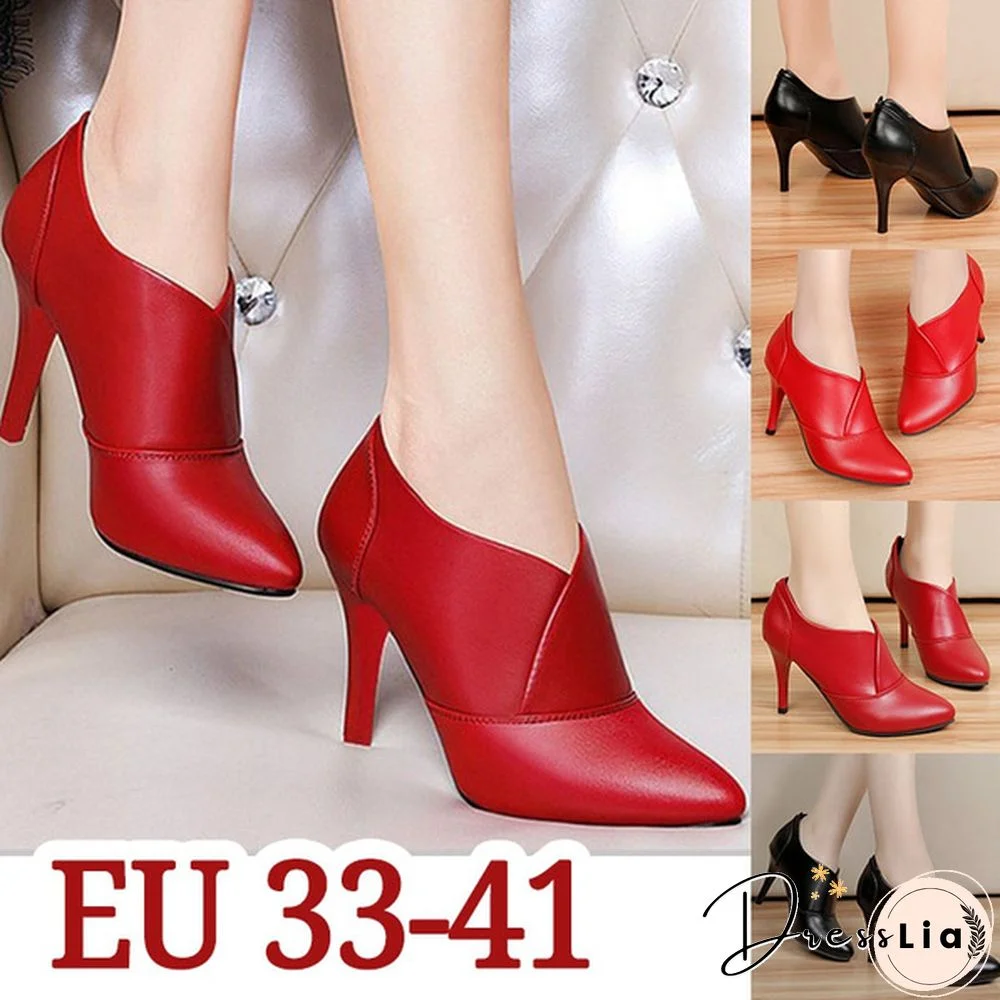 33-41 Fashion Women Leather High Heels Dress Shoes Pointed Toe Ankle Boots Thin Heels Pumps