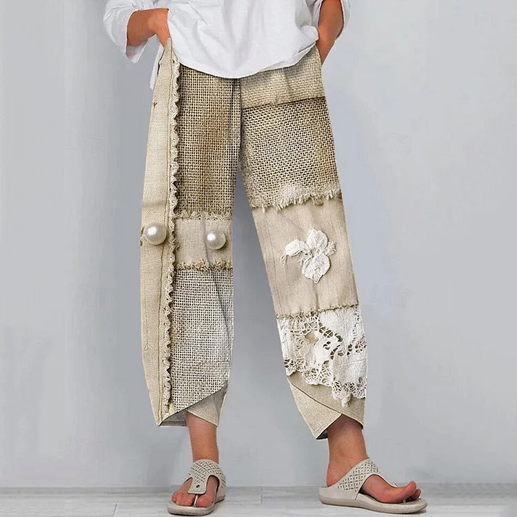 Lace Patchwork Pearl Embroidered Linen Blend Pants