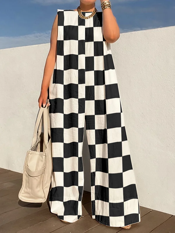 Loose Sleeveless Checkerboard Split-Joint Round-Neck Jumpsuits
