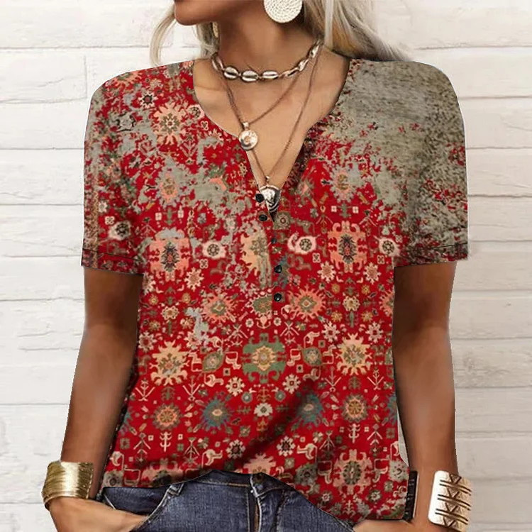 Women's Summer Tops V-Neck Short Sleeve Floral Print Retro Vintage T-Shirt