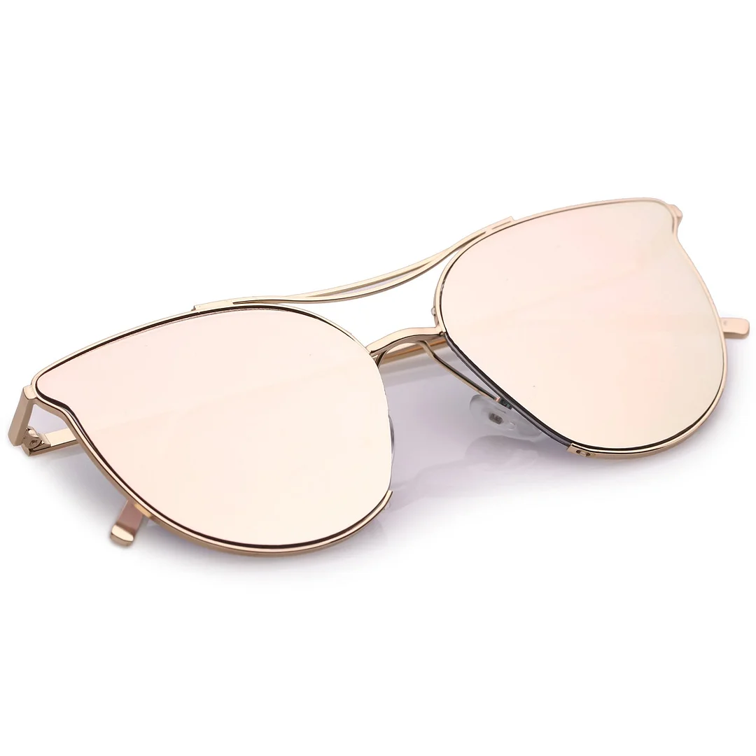 Modern Metal Cat Eye glasses With Double Nose Bridge Round Pink Flat Lens 55mm