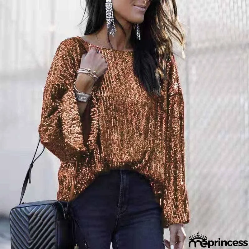 Sequins crew neck long sleeve baggy shirt