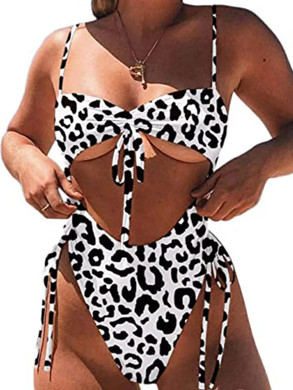 Leopard-Dot Hollow Lace-Up One-Piece Swimwear