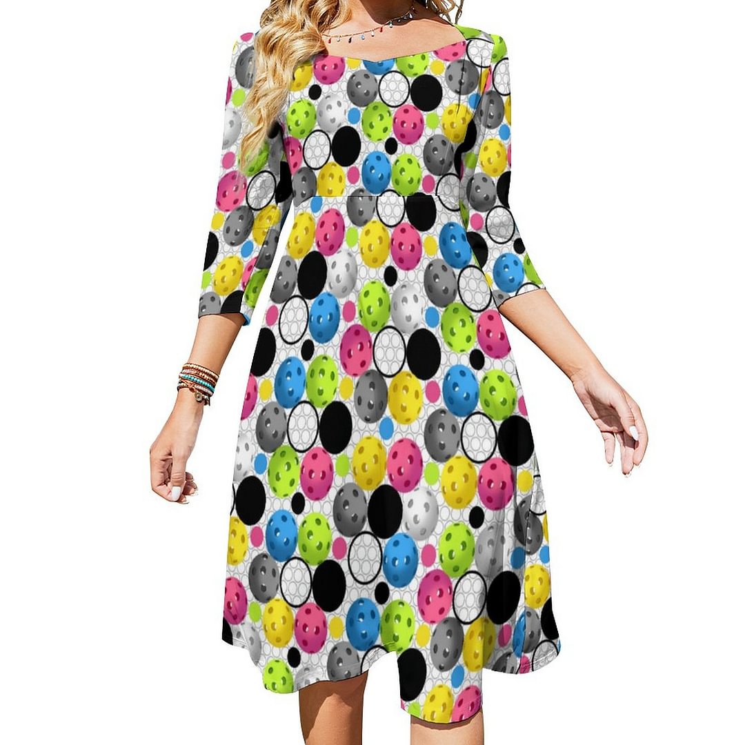Colorful Pickleballs On Circle Grid Dress Sweetheart Tie Back Flared 3/4 Sleeve Midi Dresses