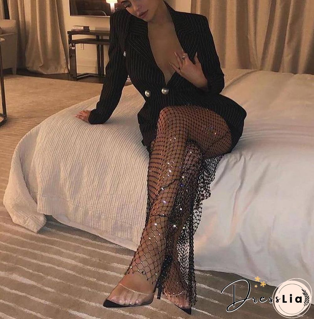 Amphiaraus Crystal Diamond Shiny Mesh Pants Women Sexy Hollow Out Transparent Fishnet Pants Summer Fashion Beachwear Trousers