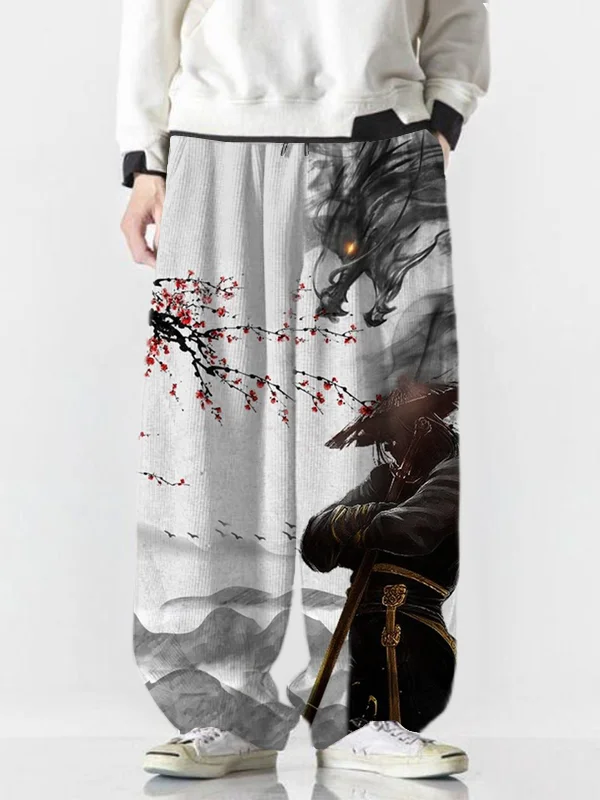 Men's Cherry Blossom Scenery Dragon Samurai Japanese Ink Art Printed Casual Pants