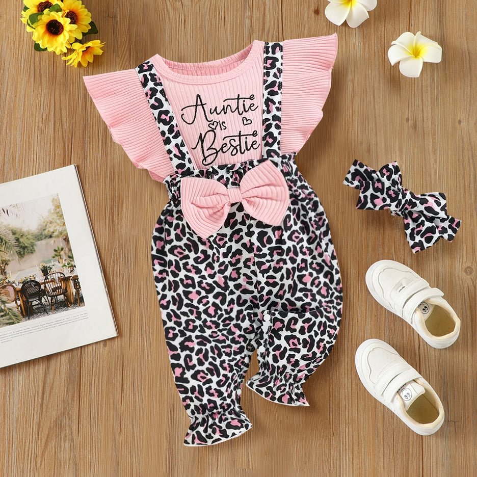 2PCS "Auntie Is Bestie" Letter Leopard Printed Baby Jumpsuit