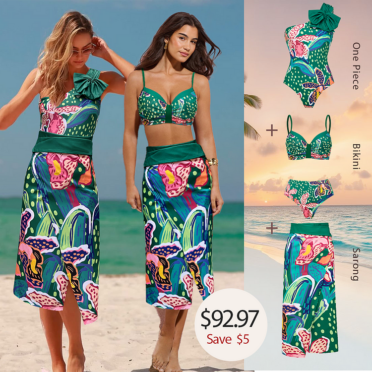 Printed One Shoulder One Piece Swimsuit and Sarong Flaxmaker