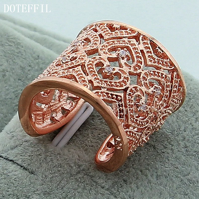 DOTEFFIL 925 Sterling Silver Rose Gold Big Net Weaving Ring For Women Jewelry