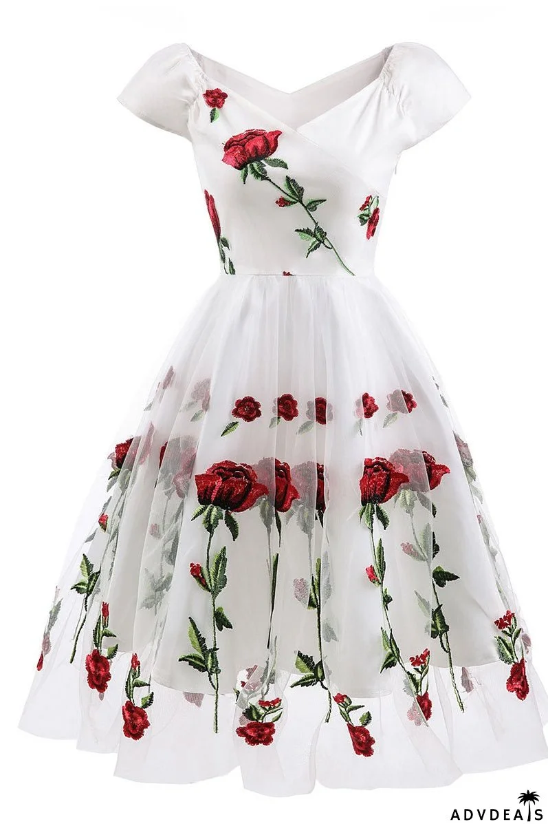 Black Off-the-shoulder Rose Embroidered A-line Prom Dress