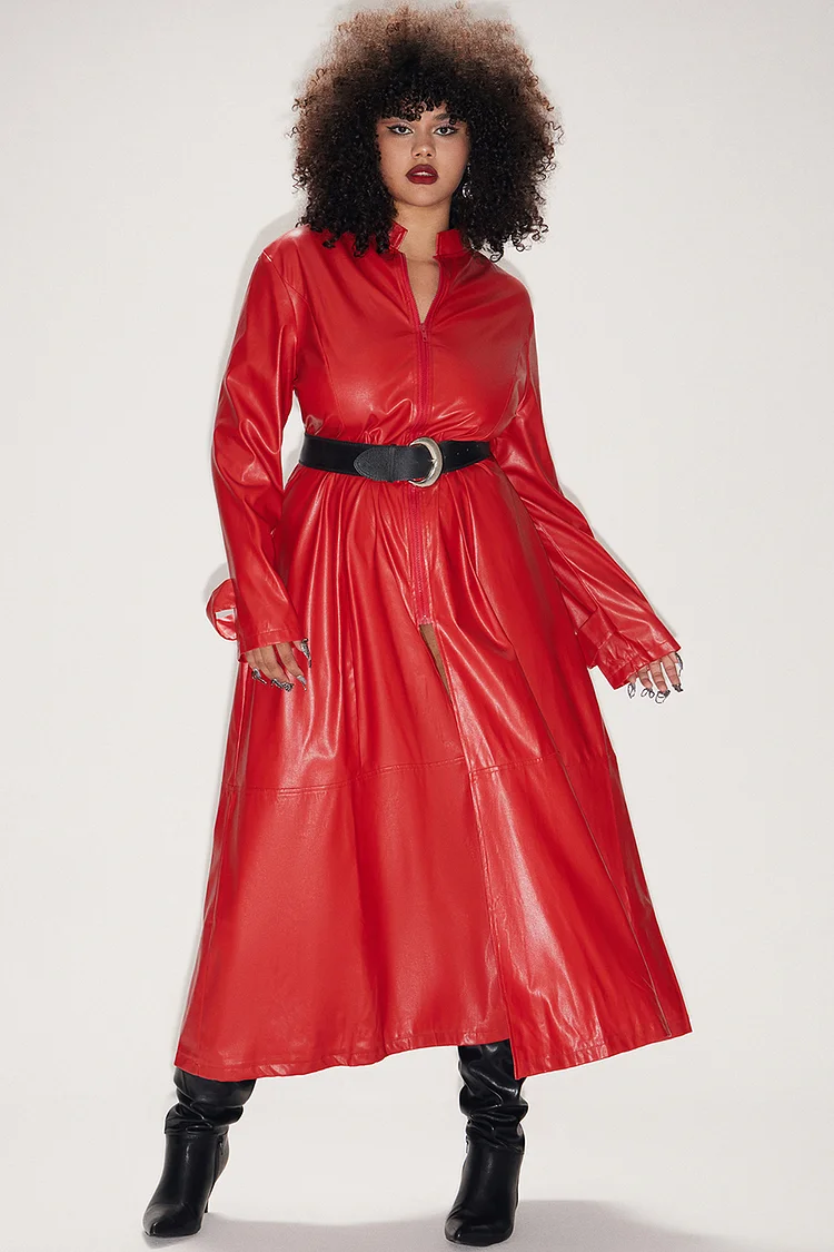 Xpluswear Design Plus Size Daily Trench Coat Red PU Leather Long Sleeve Trench Coat [Pre-Order]