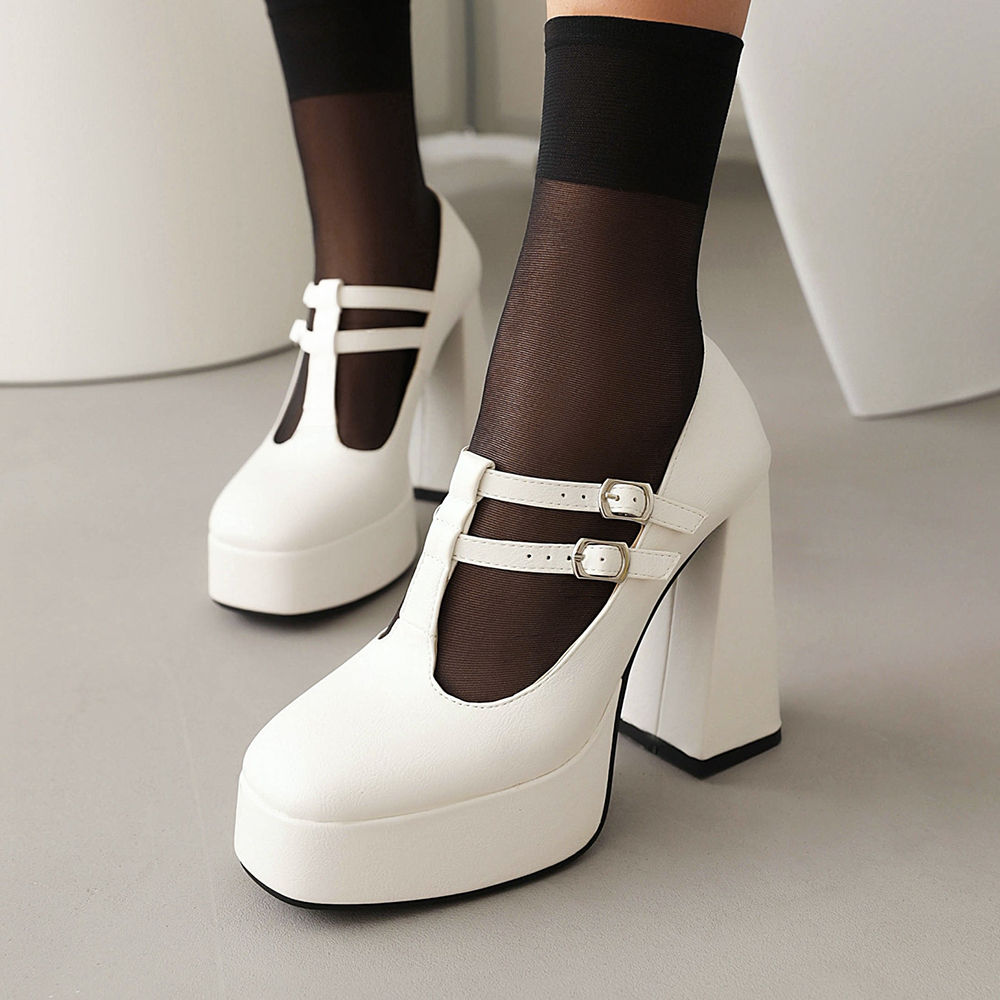 White Vegan Leather Closed Toe 4'' Chunky Heel Platform Oxford Shoes Nicepairs