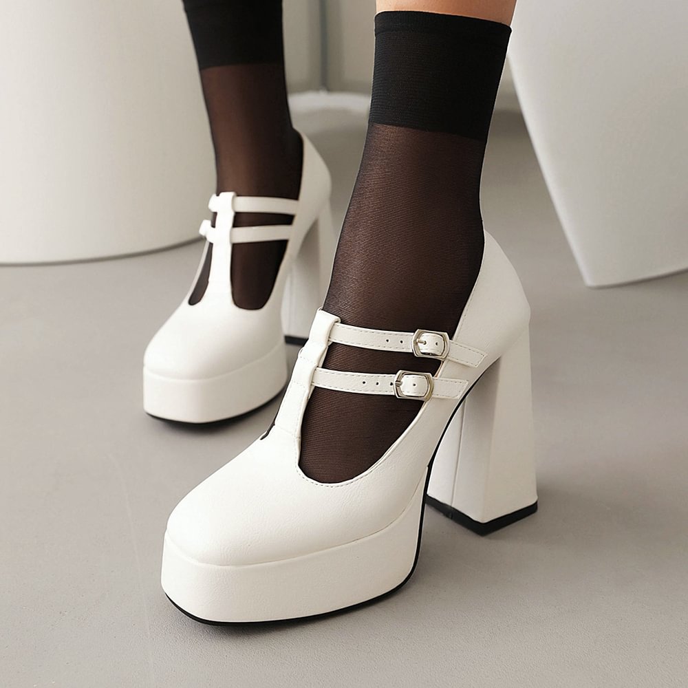 White Leather Closed Toe Double Buckle Strappy Platform Oxford Shoes With Chunky Heels Nicepairs