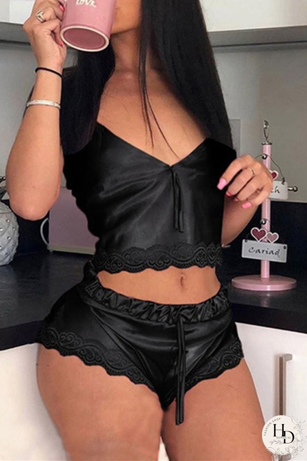 Black Sexy Living Solid Backless Sleepwear