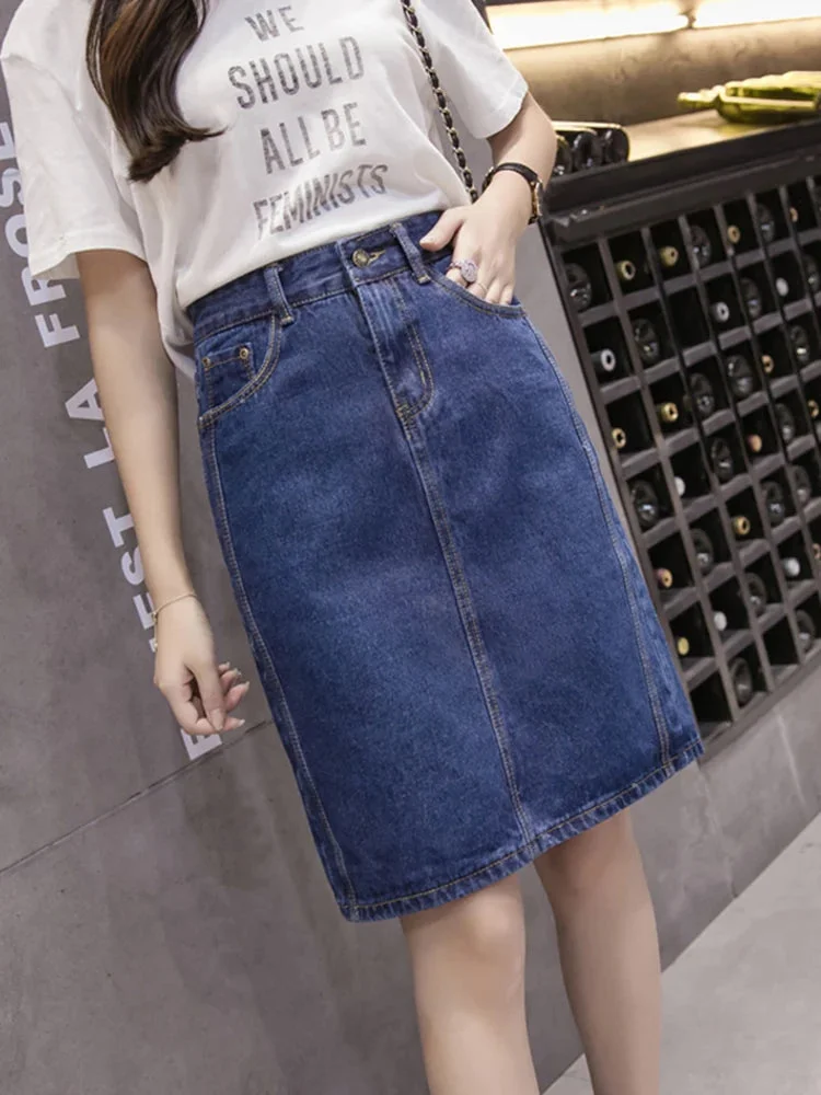 Oocharger Korean Loose Women Denim Midi Skirt Summer A-line Blue Female Jeans Vintage Casual Cotton Skirt Oversize Faldas 5XL