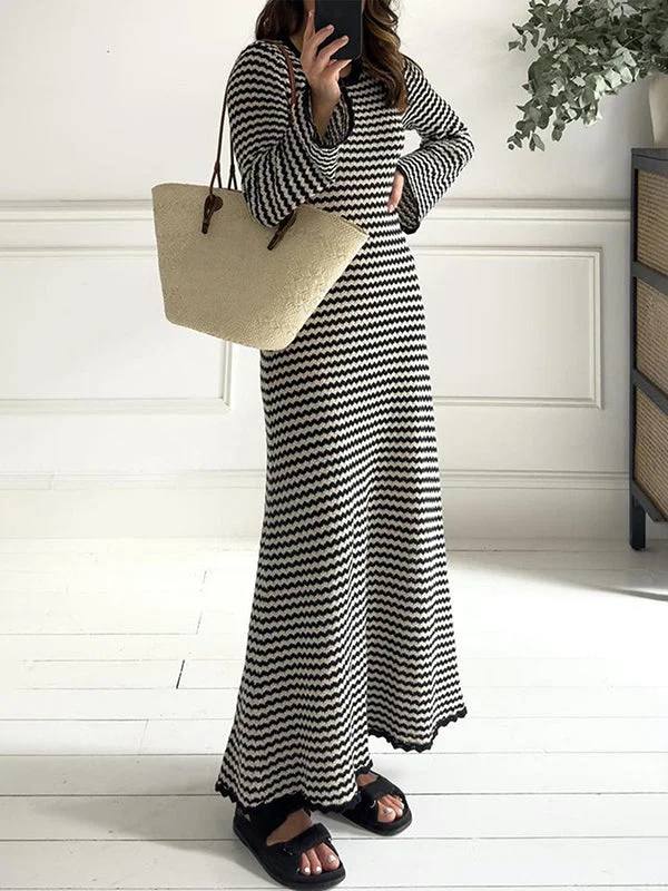 Simple Black Round-Neck Contrast Color Striped Tied High Waisted Long Sleeve Sweater Dress