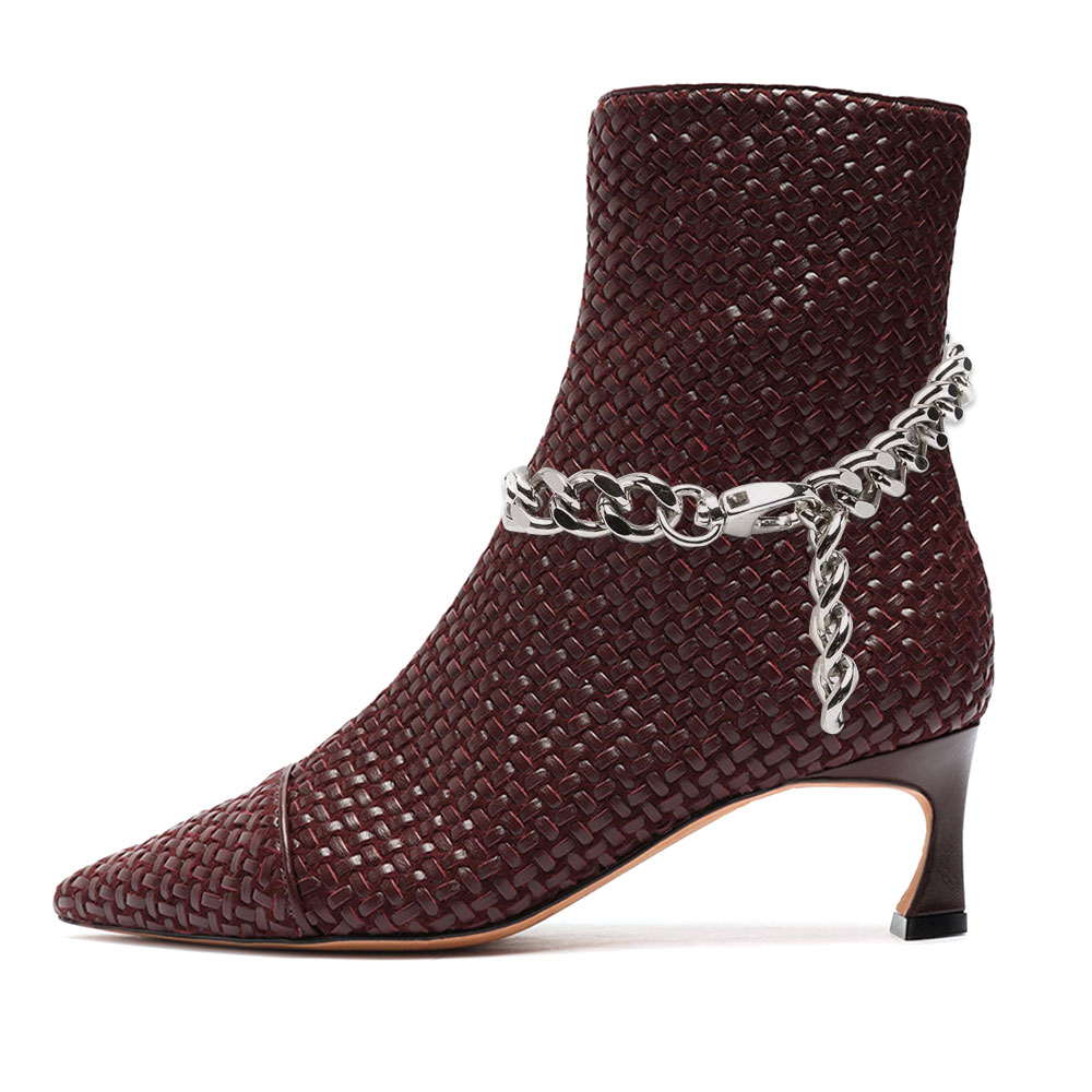 Women's Brown Woven Pointed Toe Low Heel Ankle Boots with Metal Chain Nicepairs