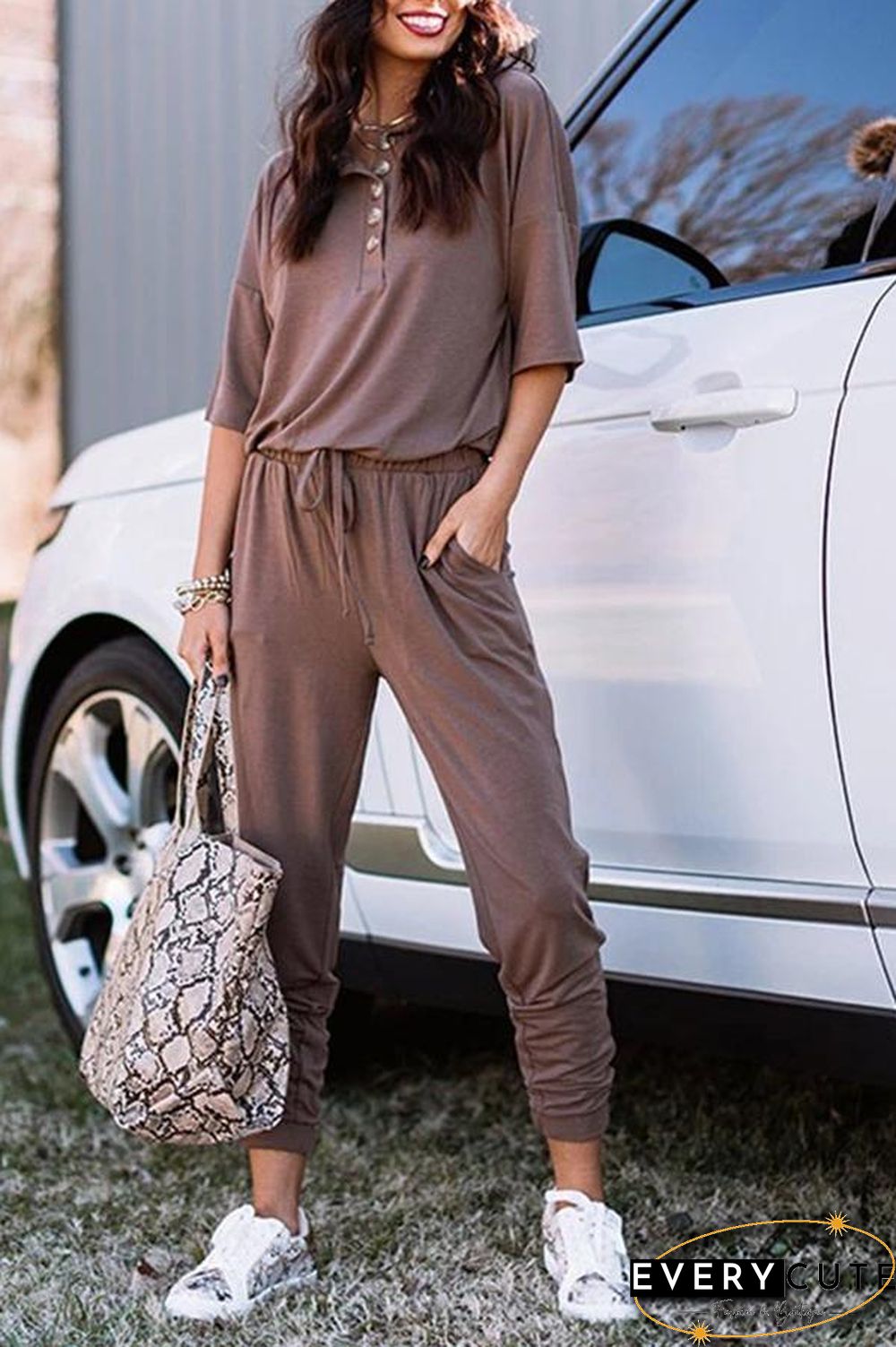 Solid Color Short Sleeve Casual Jumpsuit P15052