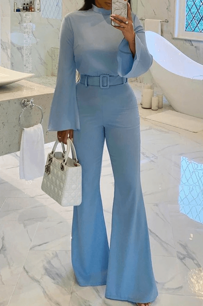 Solid Flare Leg Belted Jumpsuit