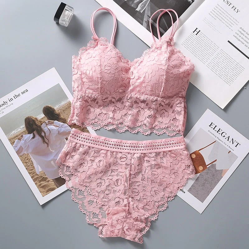 Women Lace Bra Set Sexy Lingerie French Bralette Lace Panties Cropped Bra Panty Set Female Intimates Seamless Underwear Set