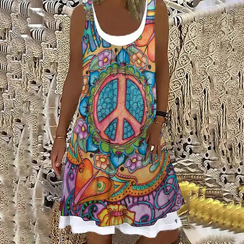 Hippie Peace Print Casual Fake Two Piece Midi Dress wearshes