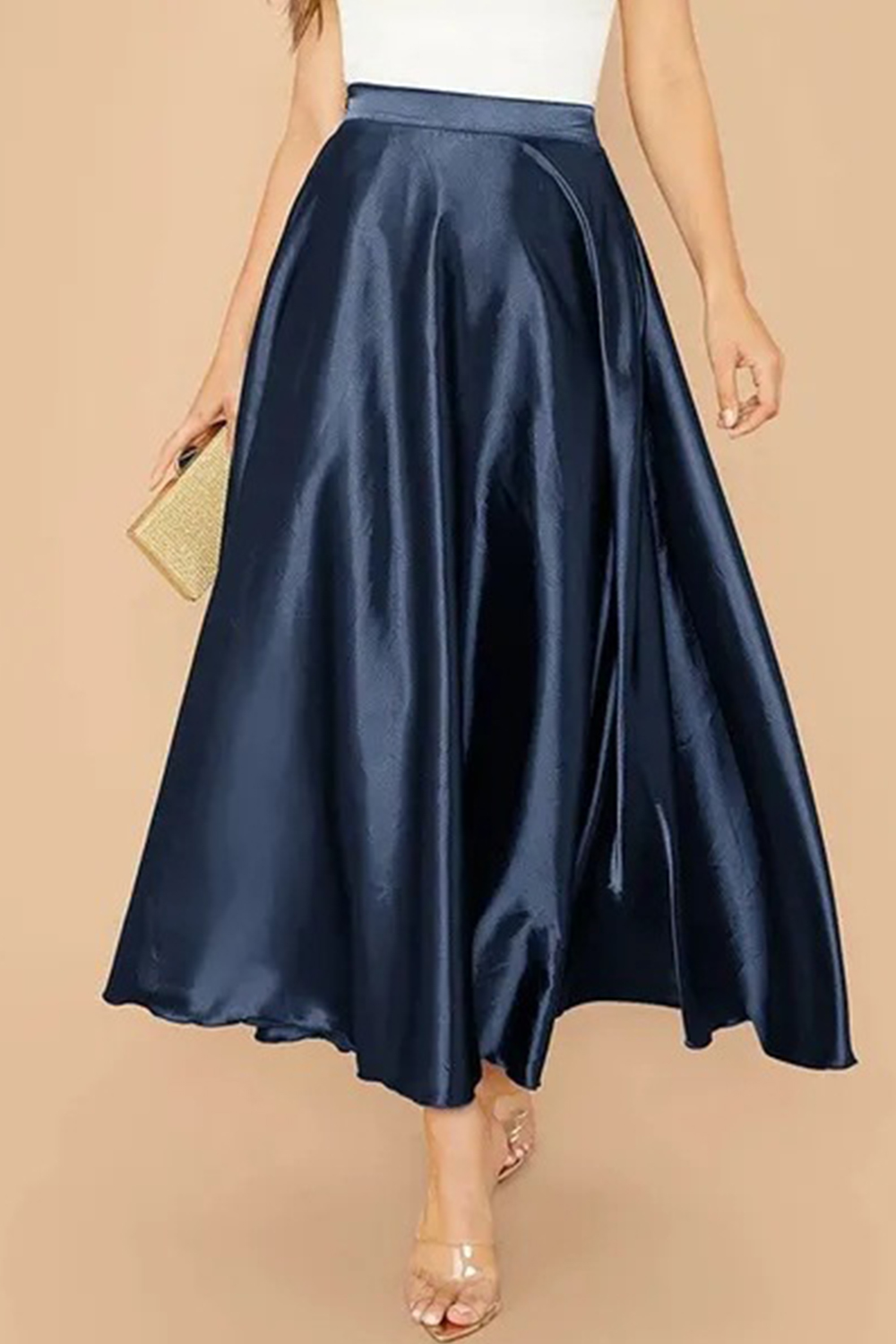 Plus Size Formal Champagne Satin High Rise Midi Skirt 2024 - Flycurvy 