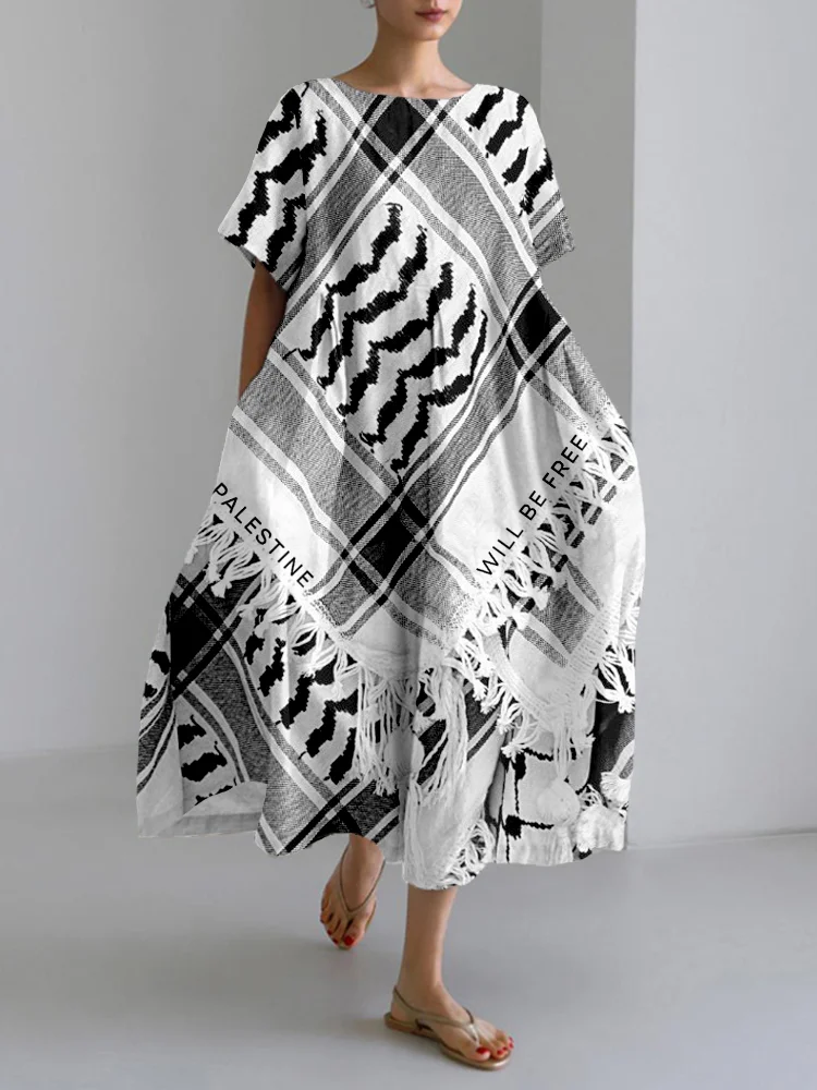 Palestine Will Be Free Kufiya Inspired Linen Blend Maxi Dress