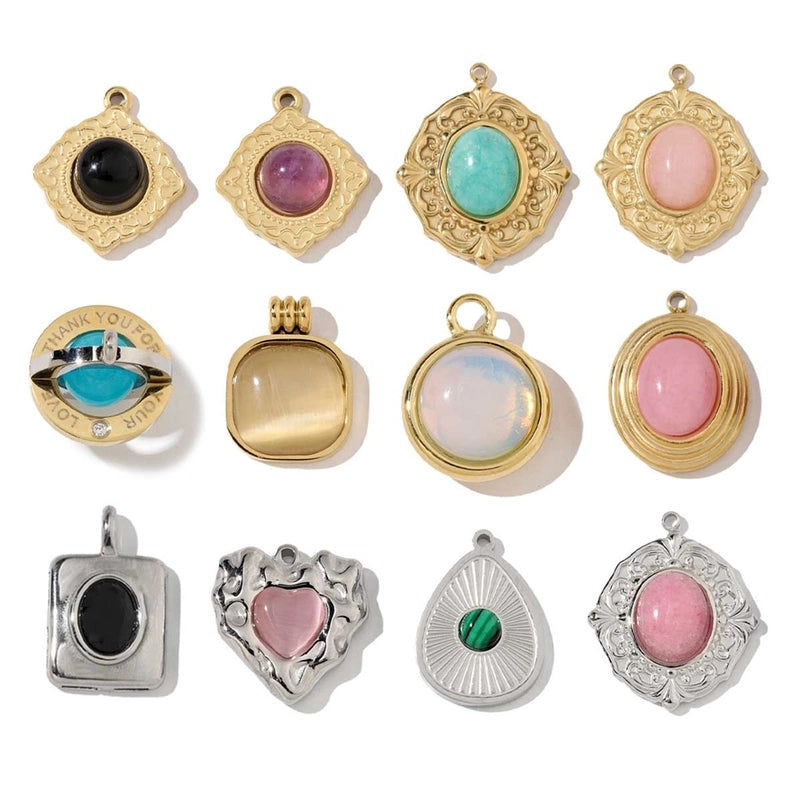 3 PCS/Package 18*19mm 201 Stainless Steel Natural Stone 18K Gold Plated Square Rhombus Polished Jewelry Accessories Pendant