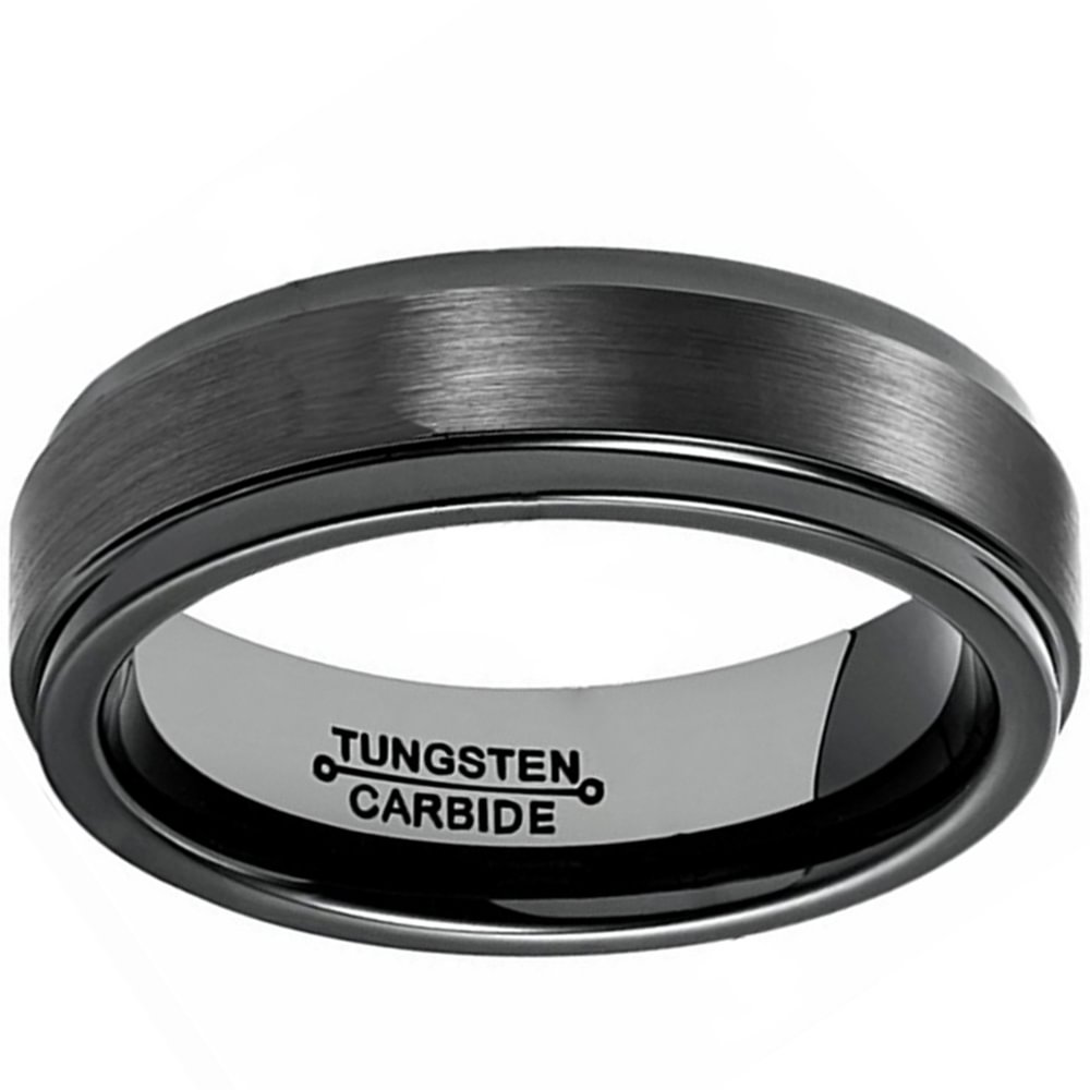 Couples Tungsten Ring Black Brushed Surface Step Edge