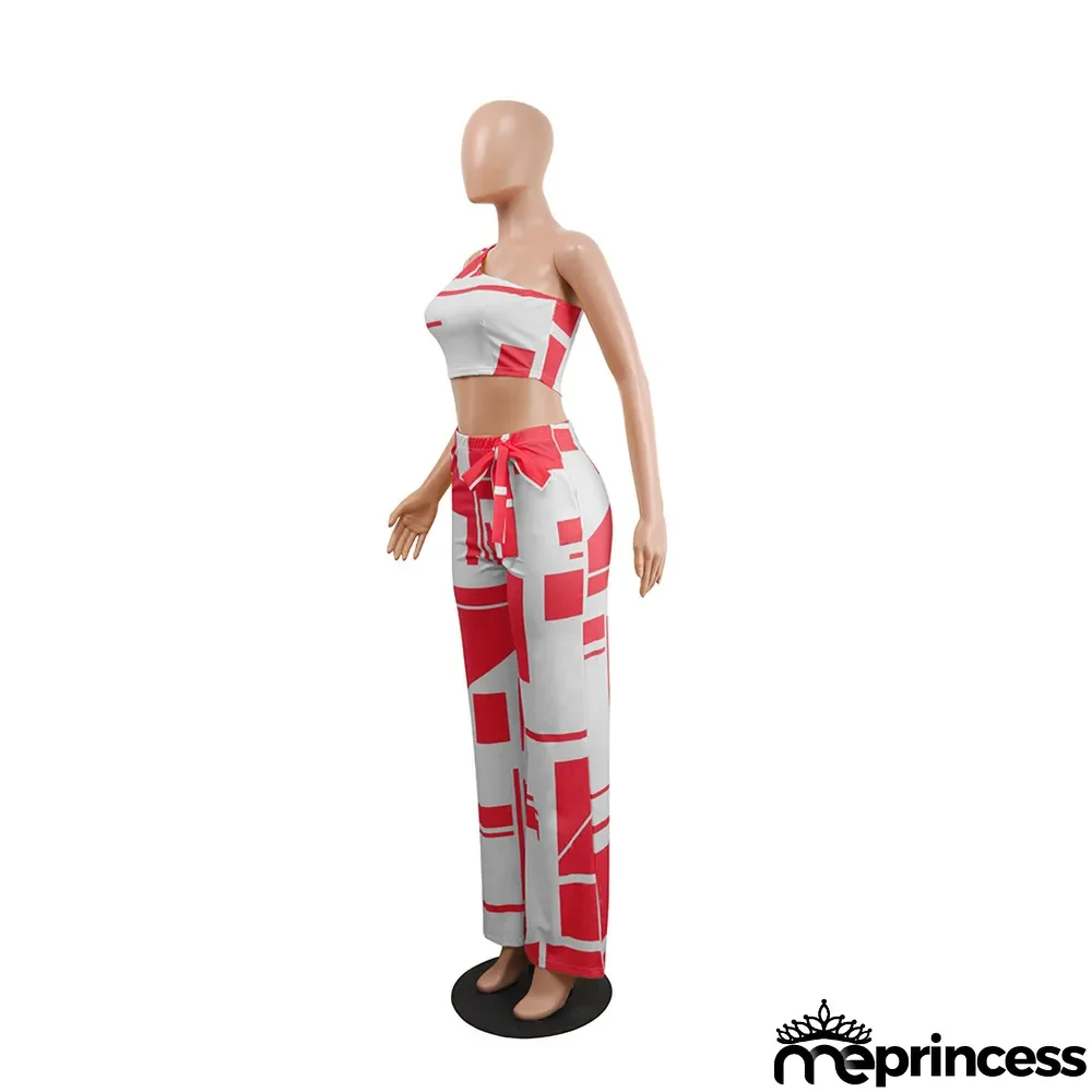 Women Off Shoulder Crop Top And Lace-Up Pant Two Piece